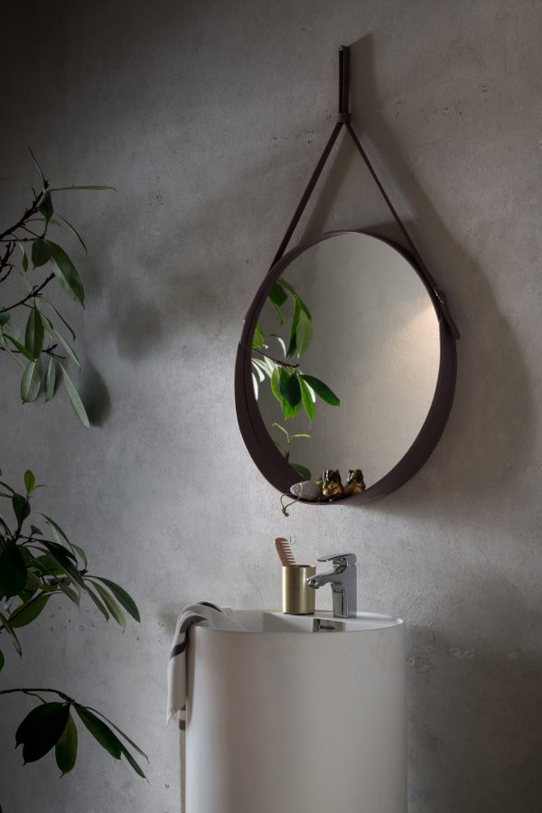 Espejo de pared redondo, marco de borde y cinturón totalmente de cuero CORIUM 70