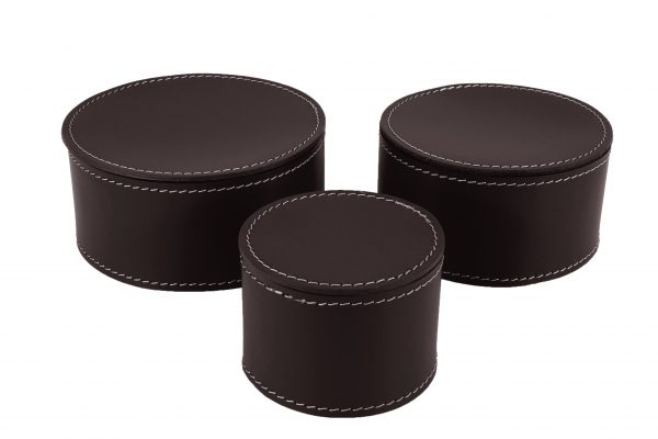 Set of three round boxes in regenerated leather with lid CLAUDIA